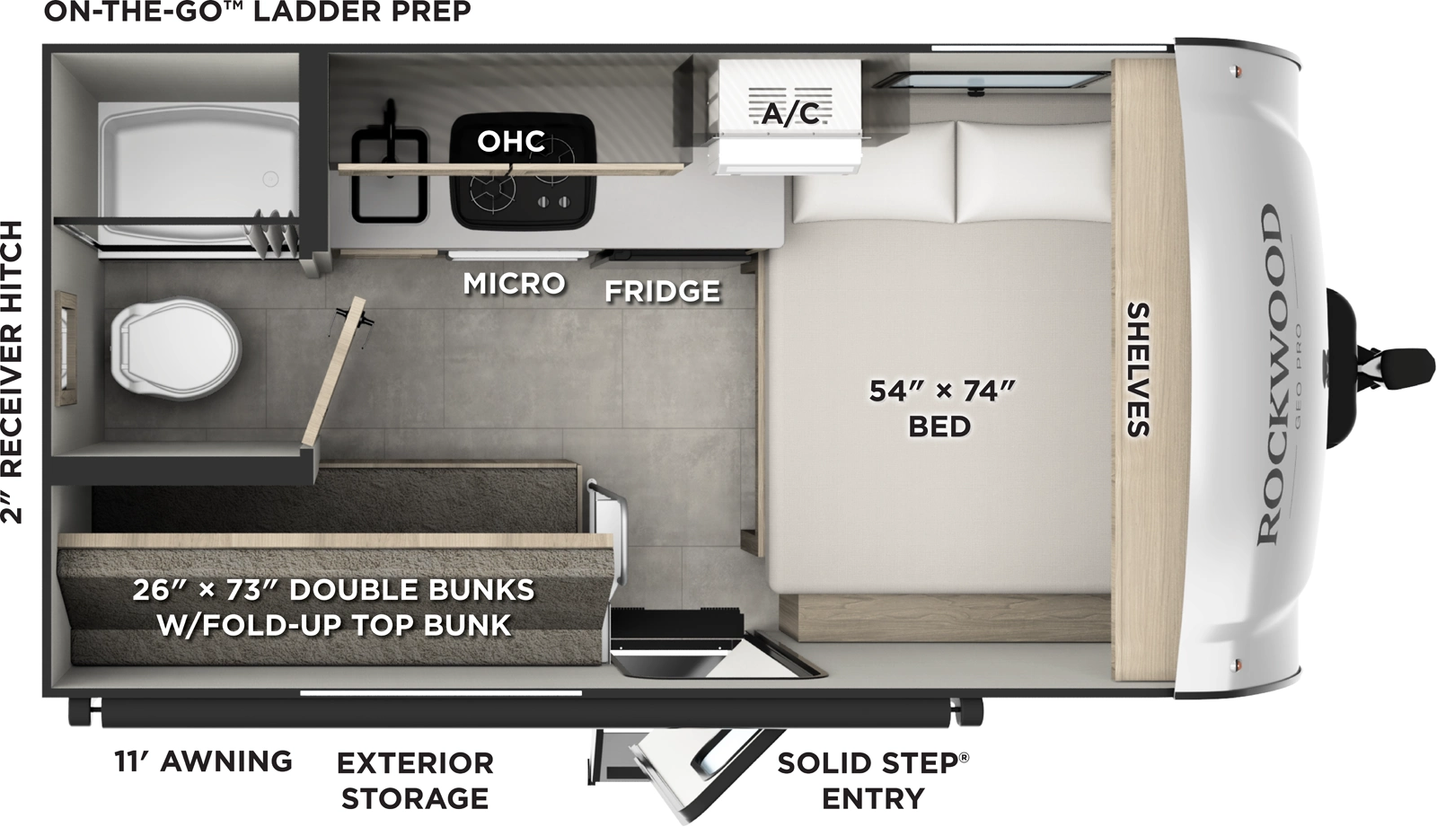 The Rockwood Geo Pro G13LE floorplan has one entry and zero slide outs. Exterior features include: fiberglass exterior and 11' awning. Interiors features include: bunk beds and front bedroom.